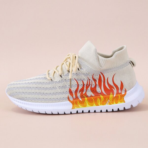 

Lace-up Decor Fire Graphic Sneakers, Beige