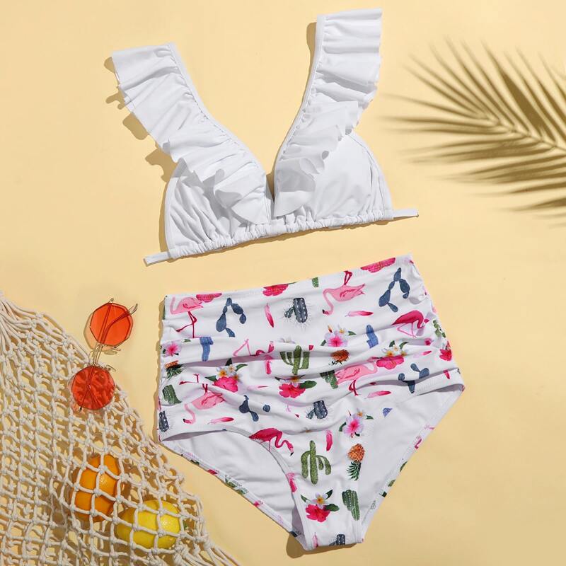 

Flamingo Print Ruched High Waist Bikini Swimsuit, Multicolor
