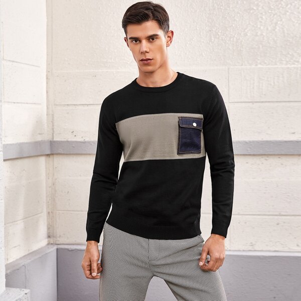

Men Colorblock Flap Pocket Patched Sweater, Black