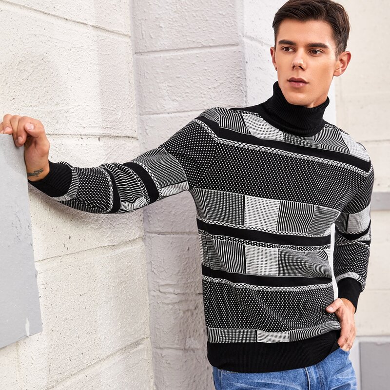 

Guys Turtleneck Graphic Pattern Sweater, Black and white