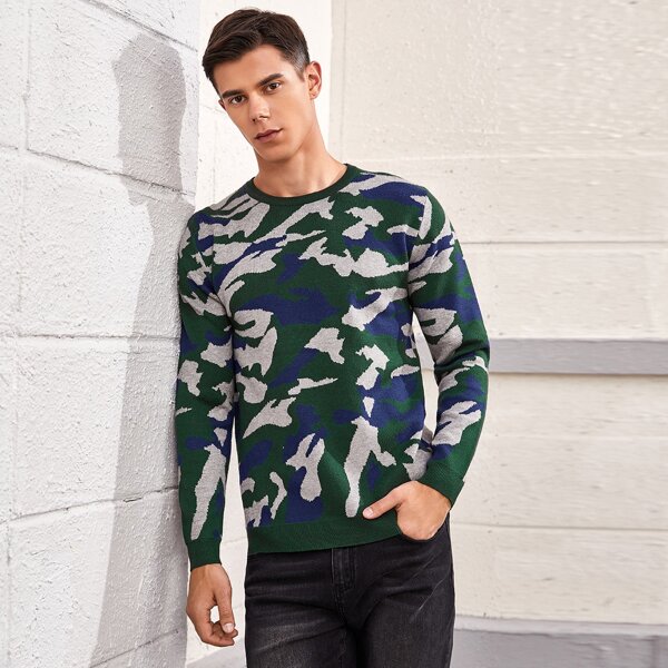 

Men Camo Pattern Crew Neck Sweater, Multicolor