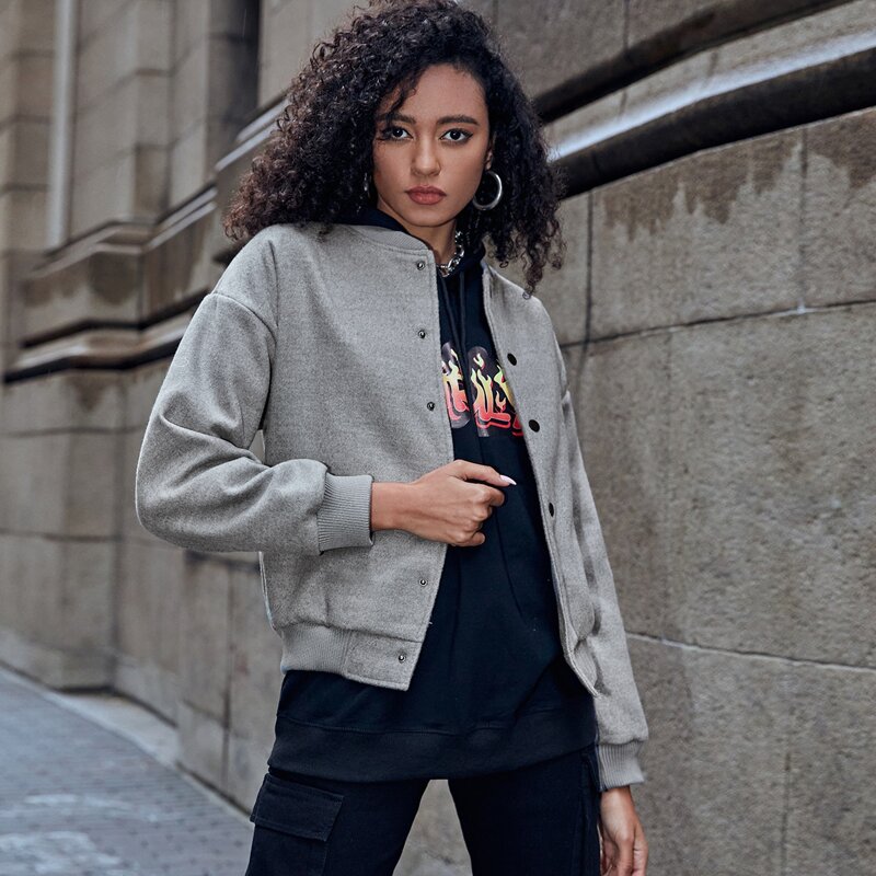 

Solid Button Front Bomber Jacket, Grey
