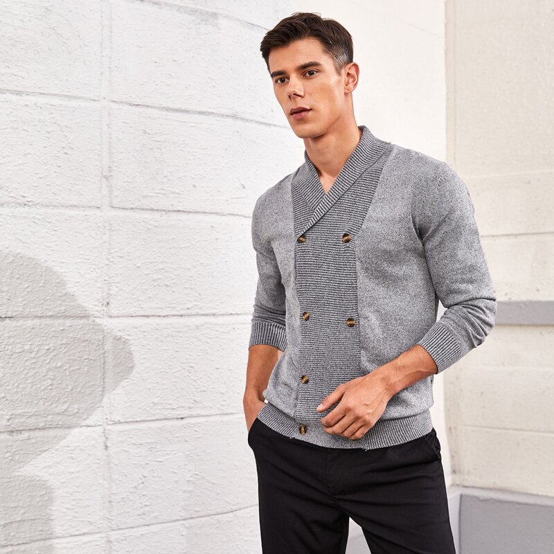 

Guys Double Breasted Shawl Collar Cardigan, Grey