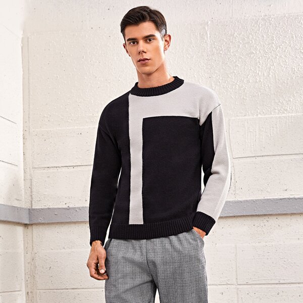 

Men Two Tone Drop Shoulder Sweater, Black