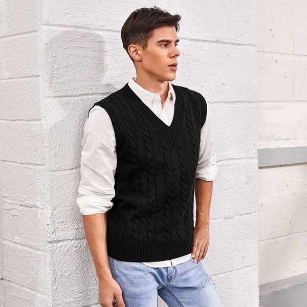 

Men V-neck Cable Knit Sweater Vest, Black