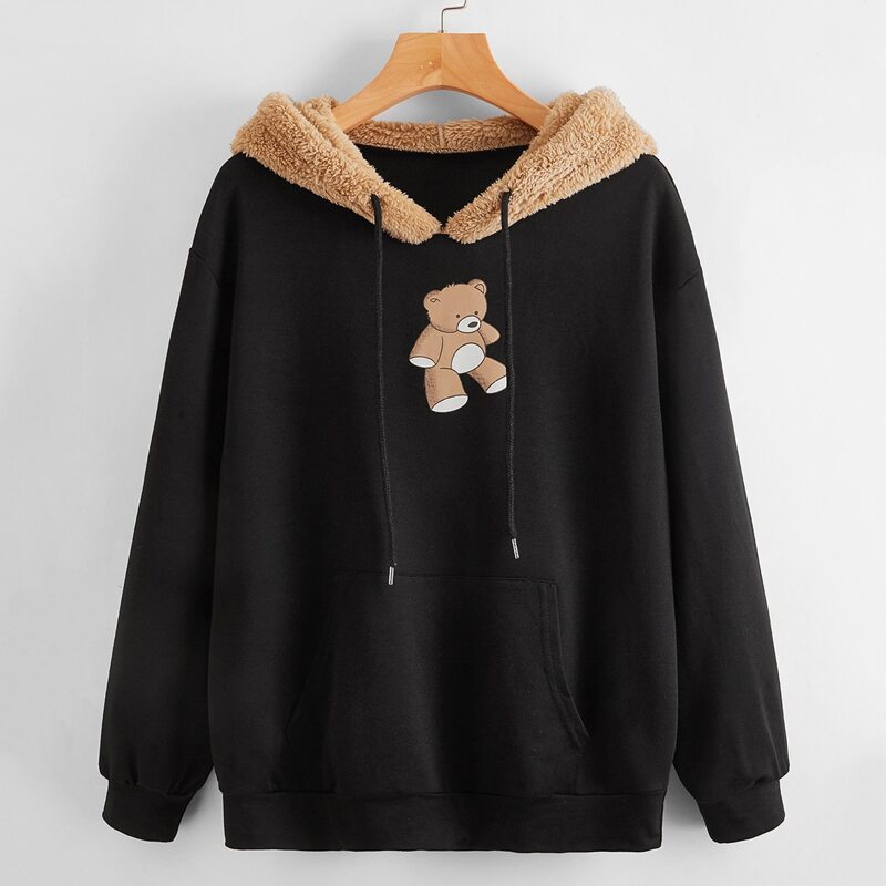 

Contrast Teddy Bear Graphic Drawstring Hoodie, Black