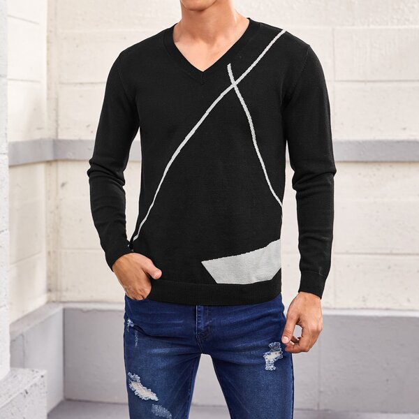 

Men V-neck Color-block Sweater, Black