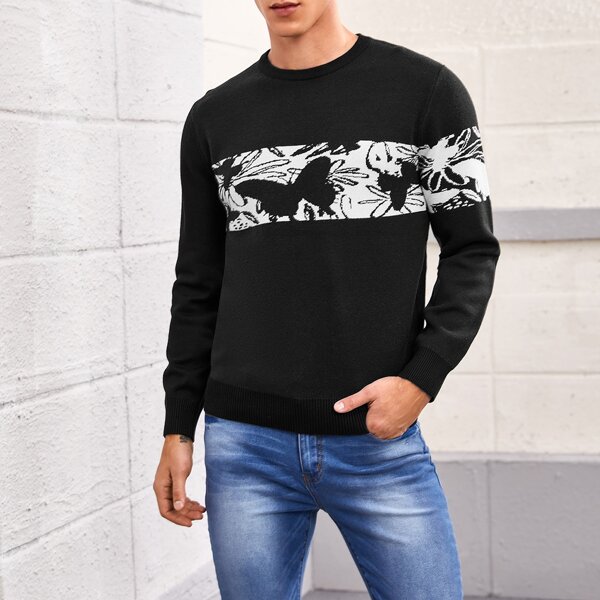

Men Butterfly And Flower Pattern Sweater, Black
