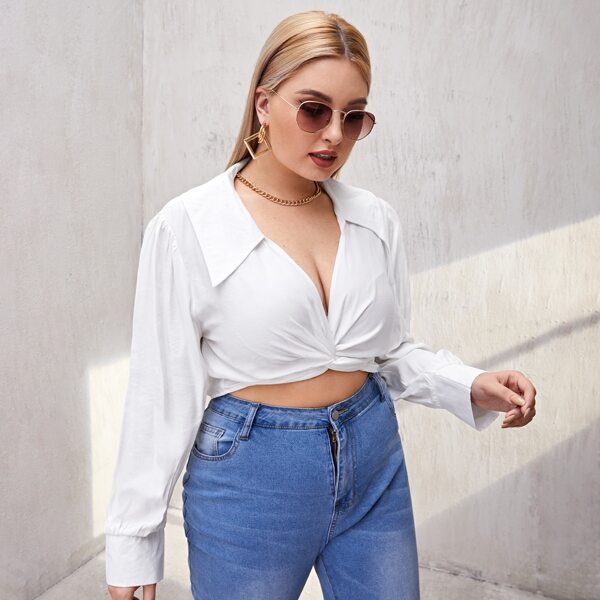 

Plus Solid Tie Back Crop Blouse, White