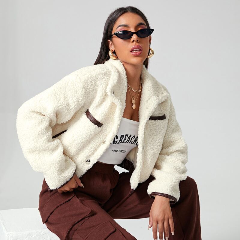 

Collared PU Leather Trim Teddy Jacket, Beige