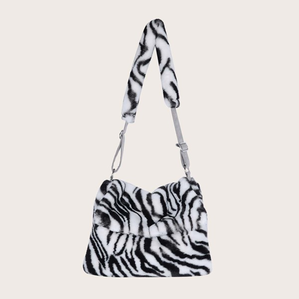 

Zebra Striped Fluffy Shoulder Bag, Black and white