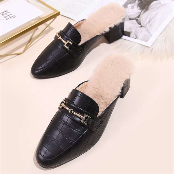 

Horsebit Decor Croc Embossed Chunky Heeled Mules, Black