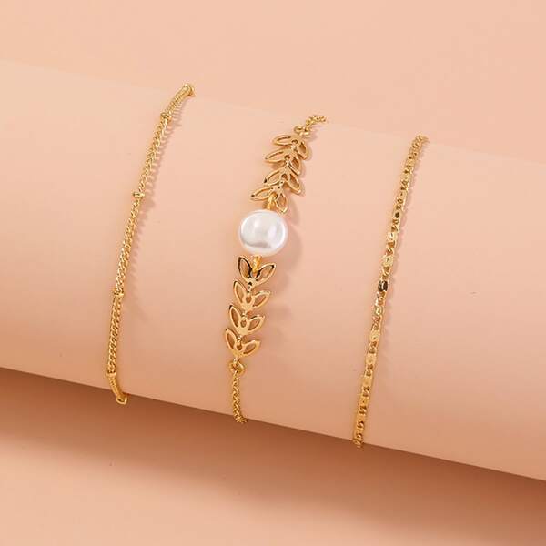 

3pcs Faux Pearl Detail Bracelet, Gold