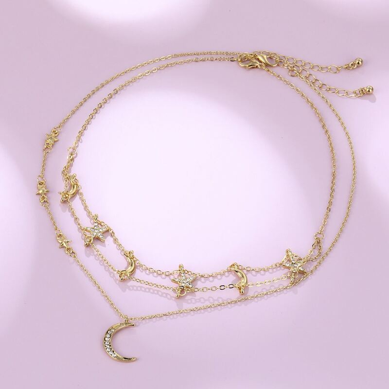 

Rhinestone Moon & Star Layered Necklace, Gold
