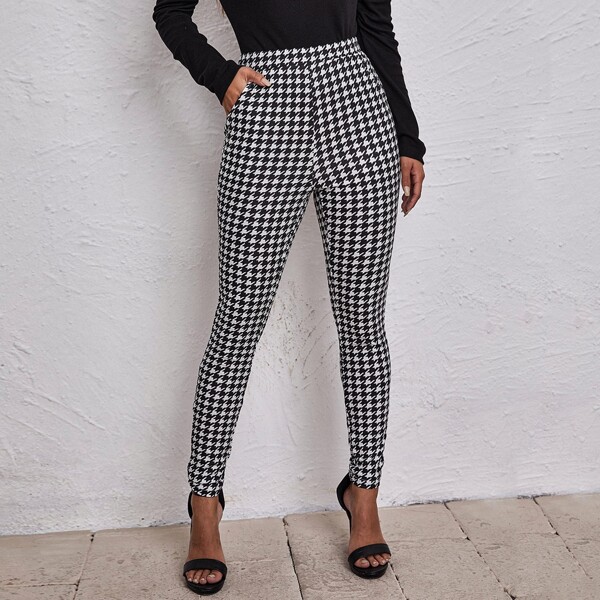 

Slant Pocket Houndstooth Fitted Pants, Black and white