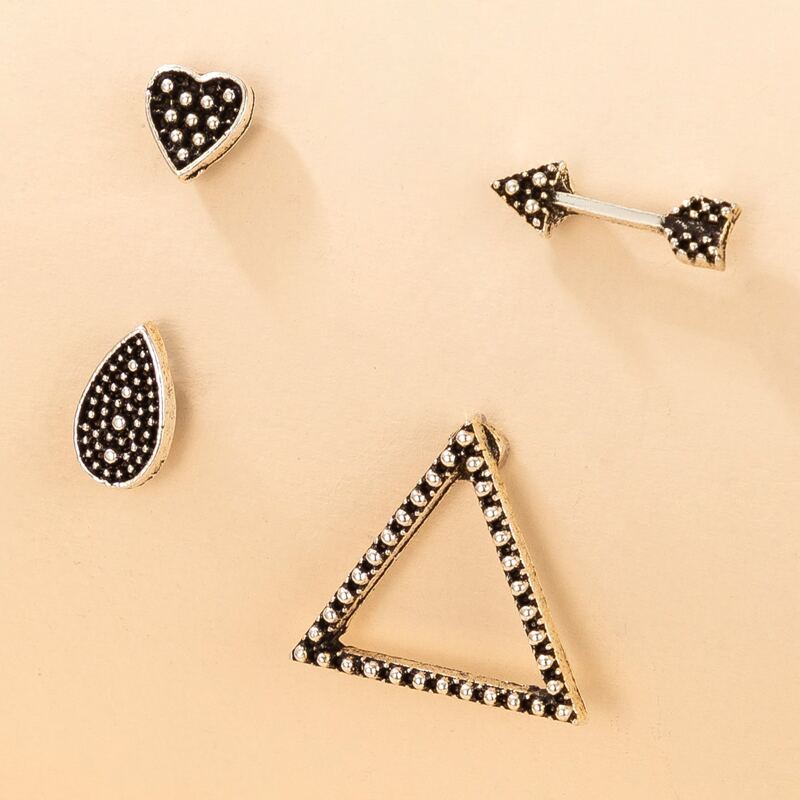 

4pcs Heart & Triangle Stud Earrings, Silver