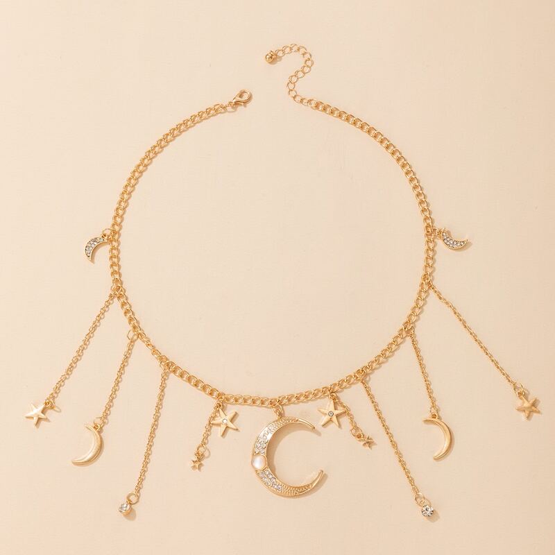 

Rhinestone Moon & Star Tassel Choker, Gold