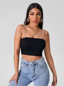 SHEIN Pearls Strap Crop Cami Top - Black - View 1