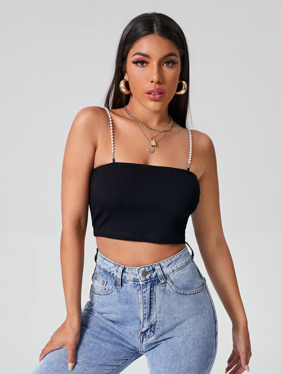 SHEIN Pearls Strap Crop Cami Top - Black - View 1
