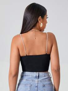 SHEIN Pearls Strap Crop Cami Top - Black - View 2