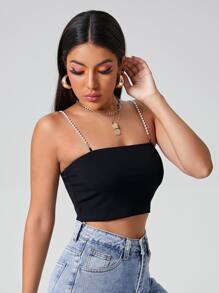 SHEIN Pearls Strap Crop Cami Top - Black - View 3
