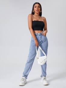 SHEIN Pearls Strap Crop Cami Top - Black - View 5