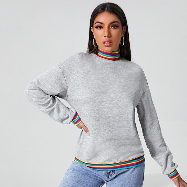 

Rainbow Striped Trim Pullover, Light grey