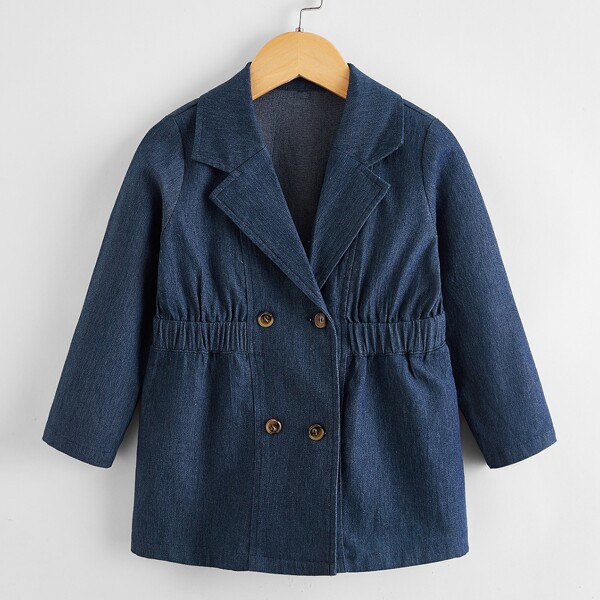 

Toddler Girls Lapel Collar Double Breasted Denim Coat, Dark wash