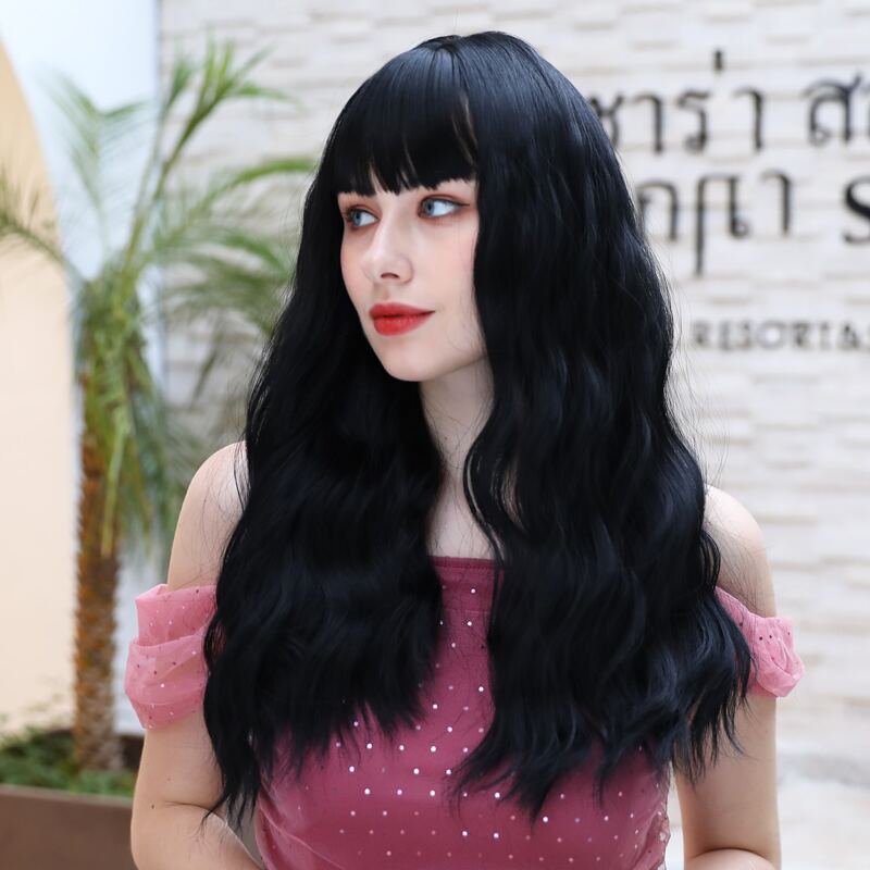 

Natural Long Curly Wig With Bangs, Black