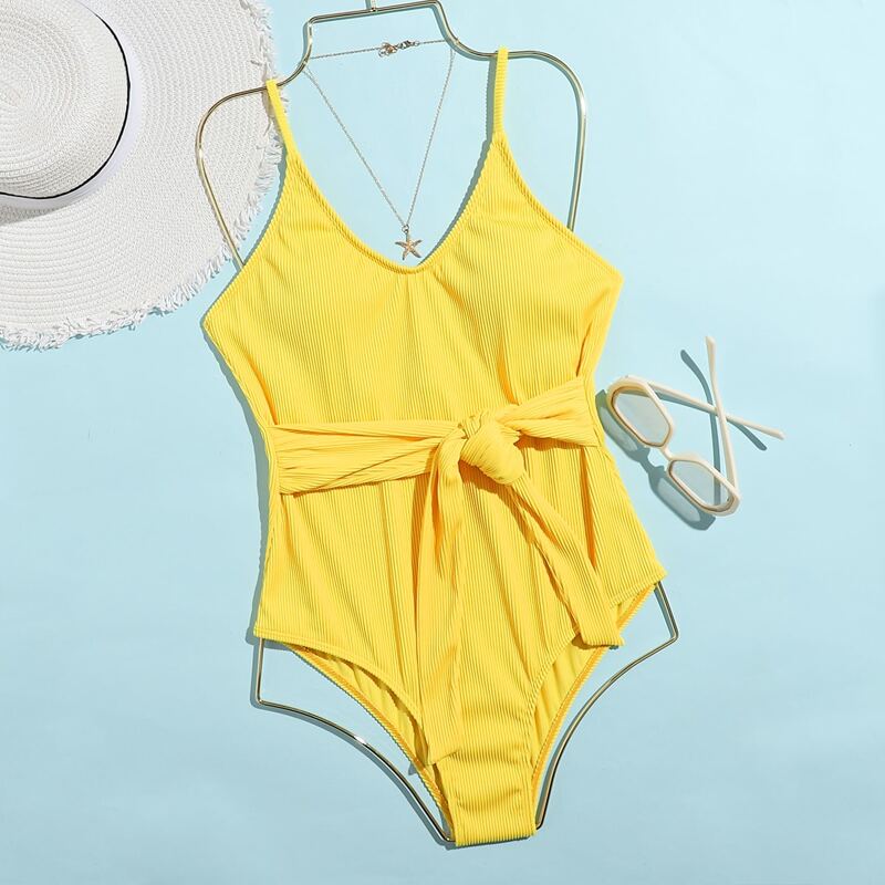

Solid Tie Front One Piece Swimsuit, Yellow