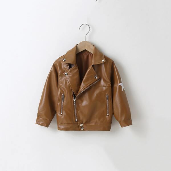 

Toddler Girls PU Oblique Zipper Moto Jacket, Brown