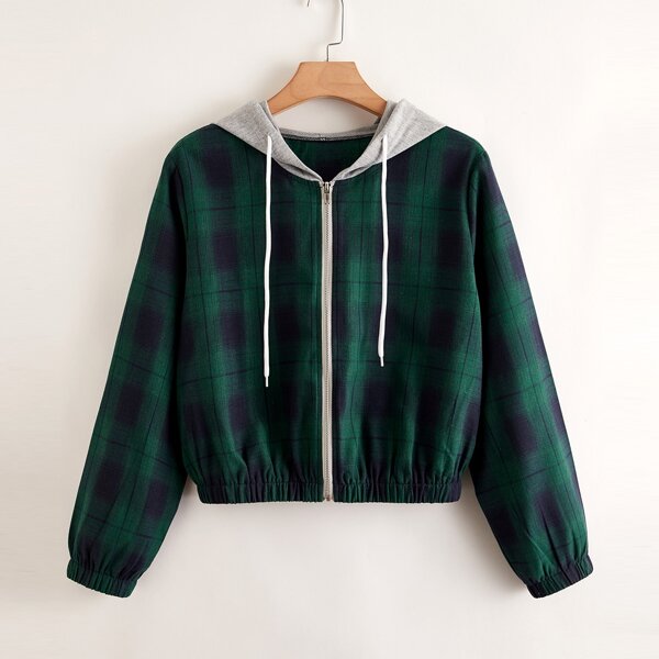 

Plus Plaid Drawstring Zip-up Hooded Jacket, Green