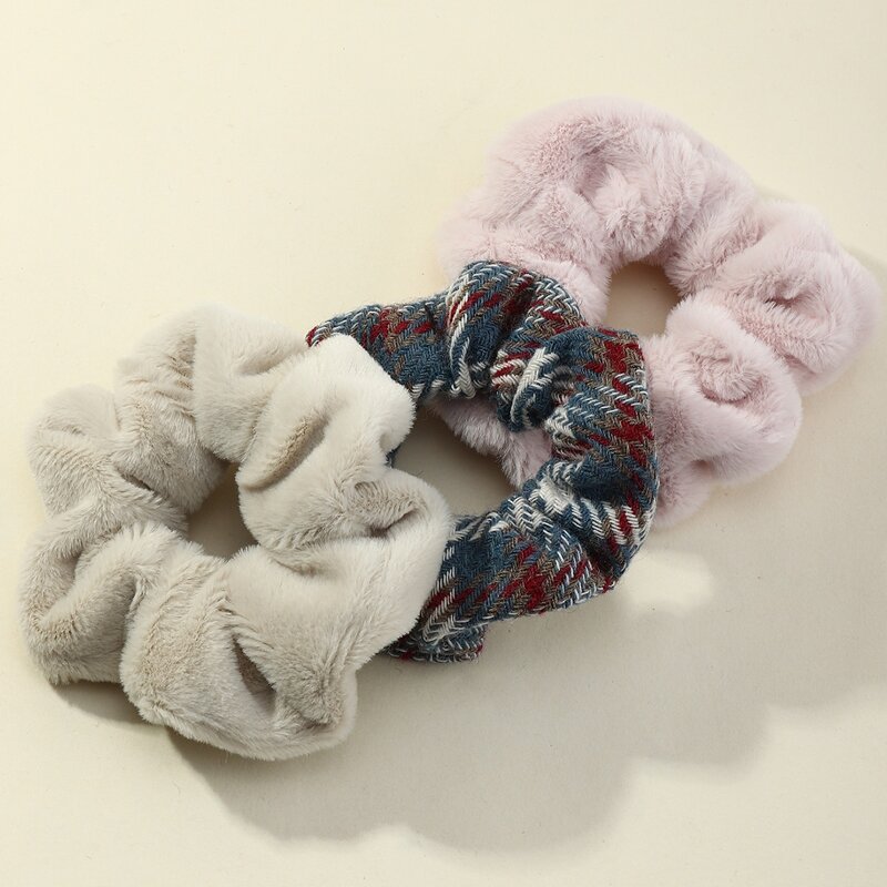 

3pcs Plaid Fluffy Scrunchie, Multicolor
