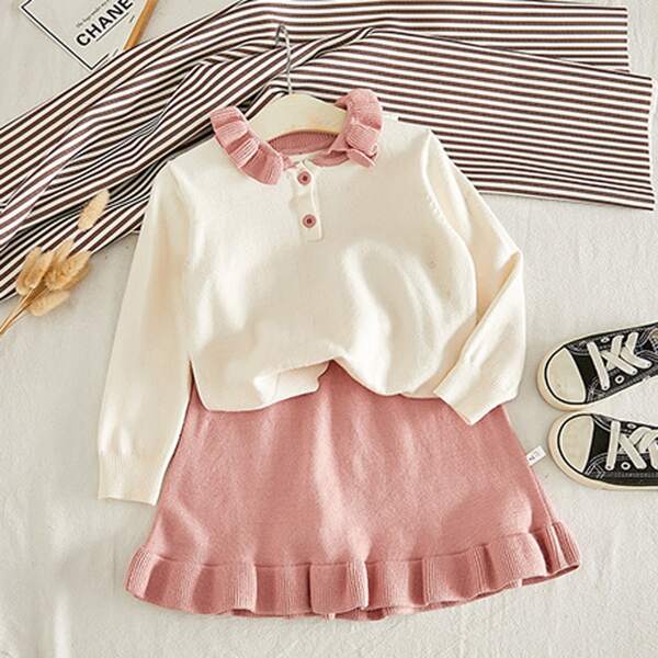 

Toddler Girls Frill Neck Sweater & Ruffle Hem Knit Skirt, Multicolor