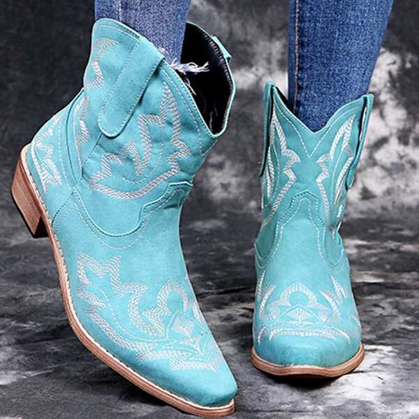 

Embroidered Chunky Heeled Ankle Boots, Blue