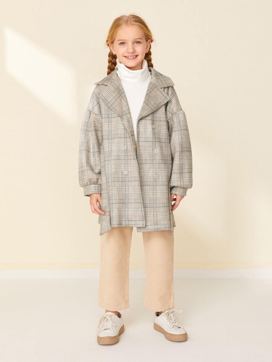 SHEIN 女孩燈籠袖腰帶豌豆外套