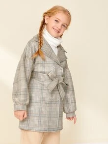 SHEIN 女孩燈籠袖腰帶豌豆外套