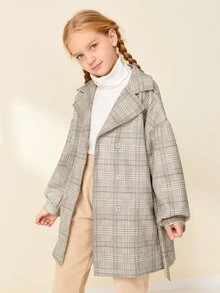 SHEIN 女孩燈籠袖腰帶豌豆外套