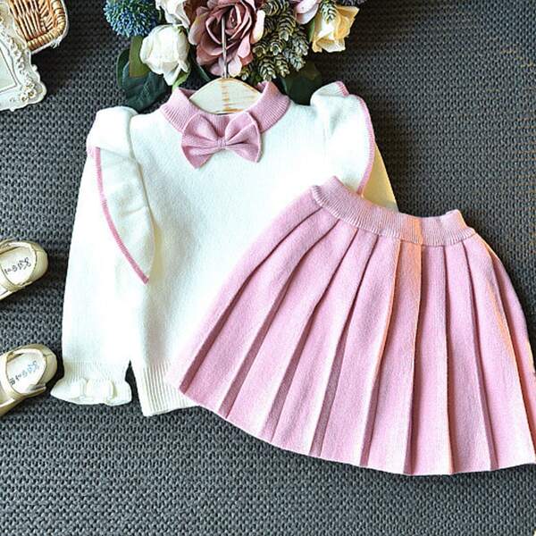 

Toddler Girls Bow Front Ruffle Trim Sweater & Pleated Knit Skirt, Multicolor