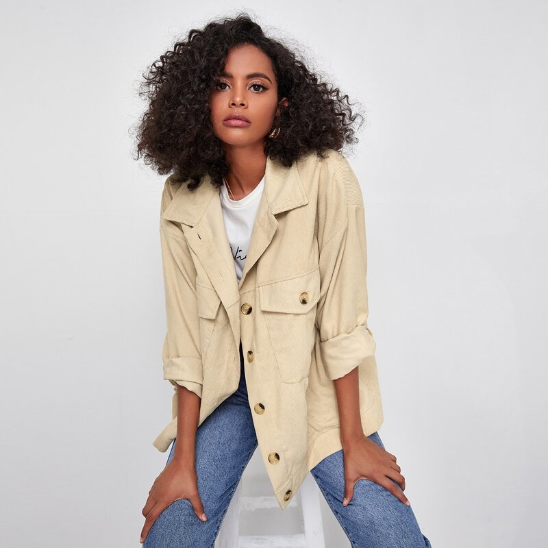 

Button Front Flap Pocket Jacket, Khaki