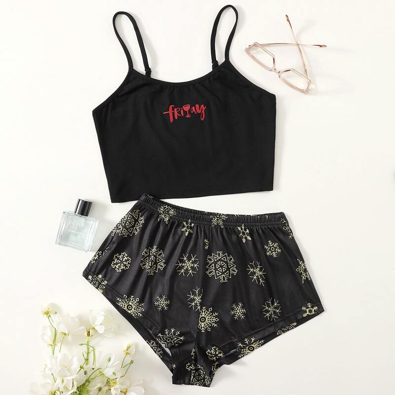 

Letter & Snowflake Print Cami PJ Set, Black