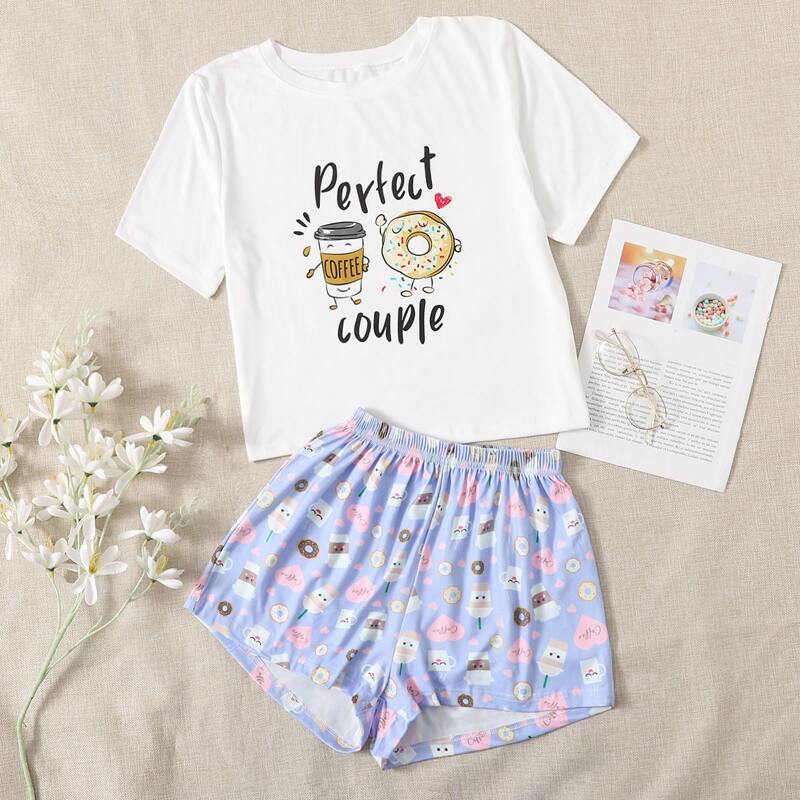 

Letter & Cartoon Graphic PJ Set, Blue and white