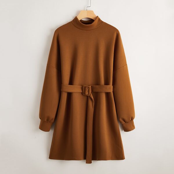 

Mock-neck Drop Shoulder Buckle Belted Dress, Brown