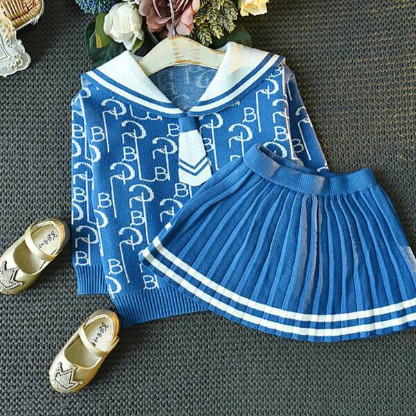 

Toddler Girls Letter Graphic Sailor Collar Sweater With Pleated Knitted Skirt, Blue