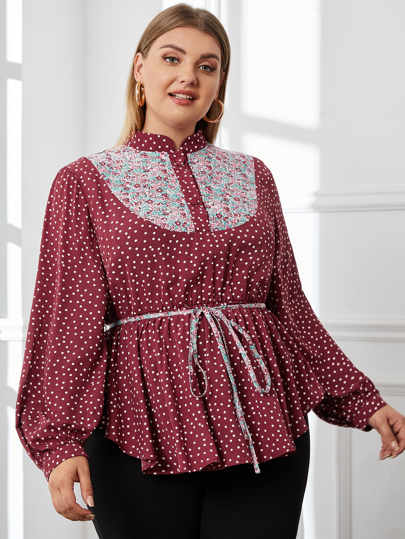 Plus Polka Dot Button Half Placket Belted Top thumbnail