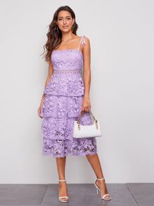 SHEIN 結飾帶多層緹花蕾絲洋裝 - 紫色 - 查看 1