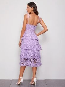 SHEIN 結飾帶多層緹花蕾絲洋裝 - 紫色 - 查看 2