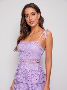 SHEIN 結飾帶多層緹花蕾絲洋裝 - 紫色 - 查看 5