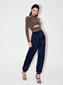 SHEIN 鏤空細節閃亮短版T恤 - 金色 - 查看 3