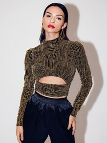 SHEIN 鏤空細節閃亮短版T恤 - 金色 - 查看 4